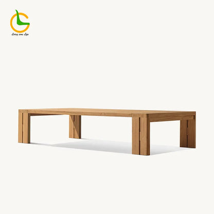 Wooden table on a white background with a brand logo in the corner.