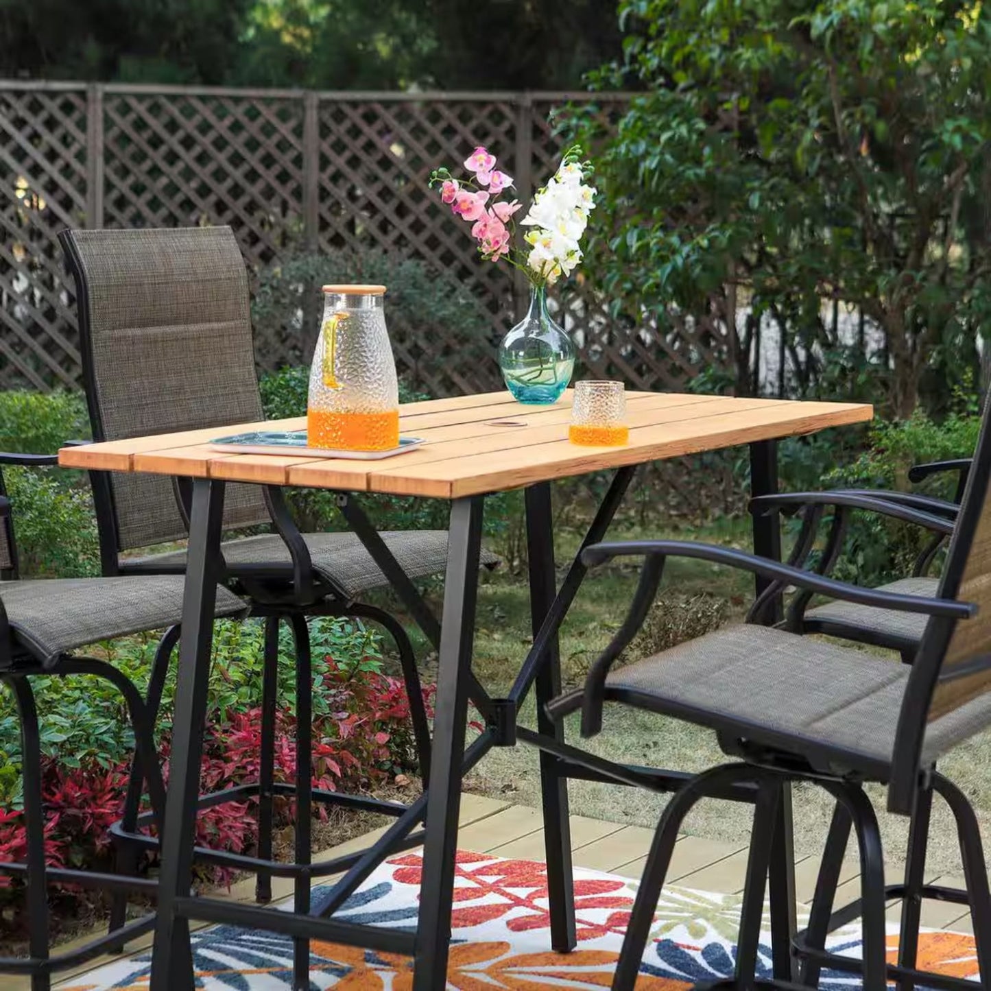 Black 5-Piece Metal Rectangle Outdoor Patio Bar Set with Wood-Look Bar Table and Padded Swivel Bistro Chairs