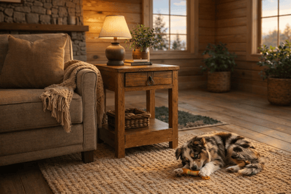 Cozy living room with a dog playing on the floor, wooden furniture, and natural light.