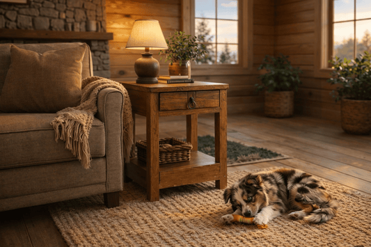 Cozy living room with a dog playing on the floor, wooden furniture, and natural light.