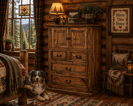 A rustic wooden dresser with five drawers stands in a cozy log cabin bedroom, with a dog lying on the patterned rug in front. The room features a window with mountain views, a bed with a quilted comforter, a chair with a mountain-themed pillow, and warm ambient lighting.