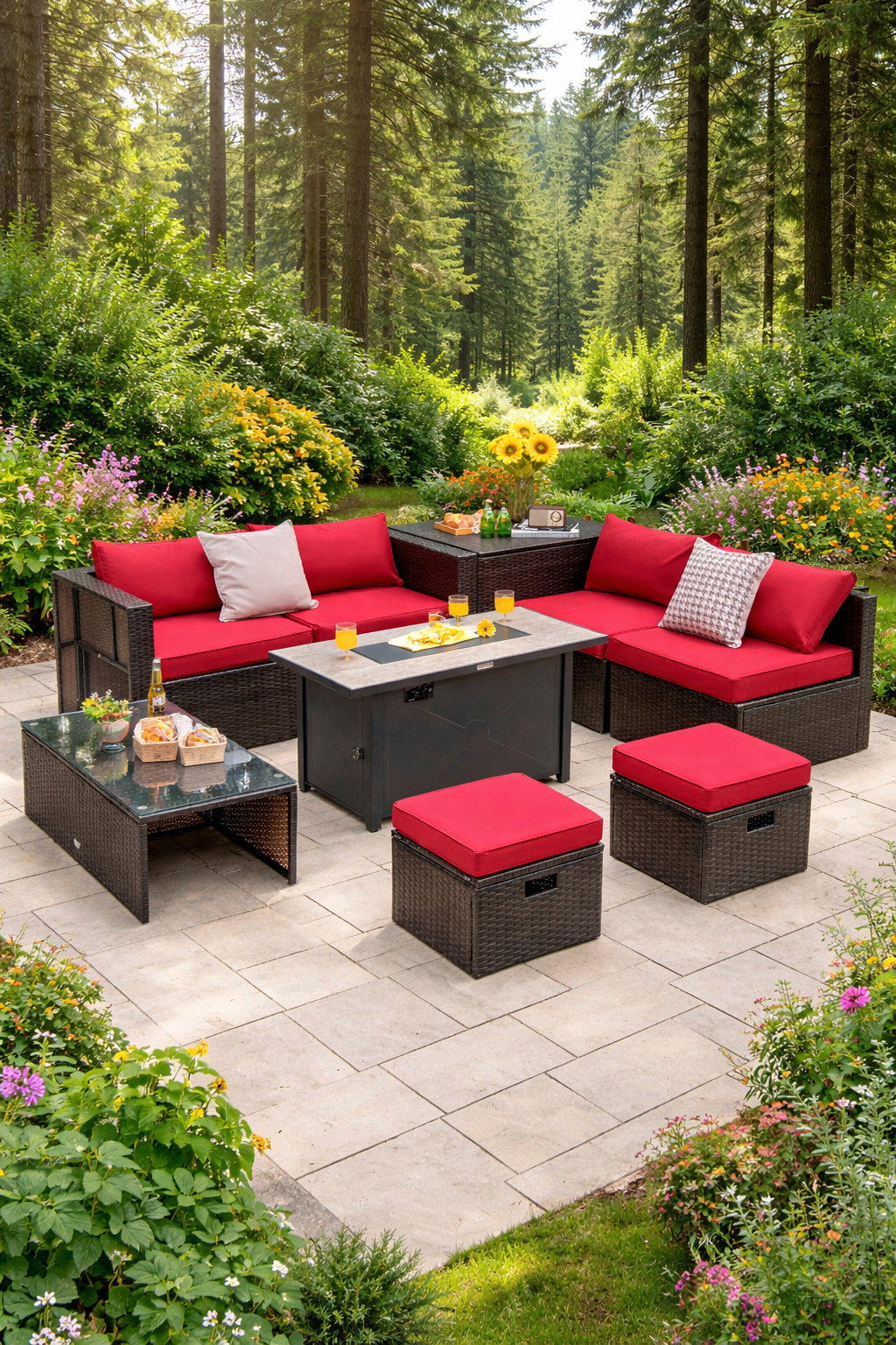 9 Pieces Rustic Outdoor Patio Furniture Set with 42 Inch Propane Fire Pit Table-Red