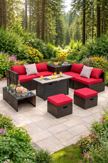 9 Pieces Rustic Outdoor Patio Furniture Set with 42 Inch Propane Fire Pit Table-Red
