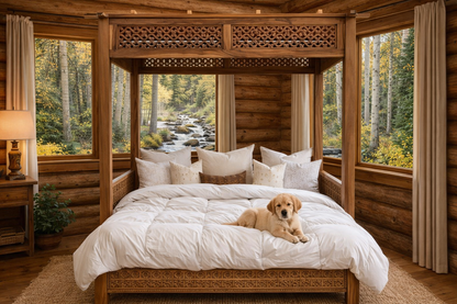 Dog lying on a bed in a log cabin room with large windows showing a forest view.