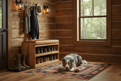 Buffalo Hide Shoe Storage Bench - Rustic Cabin Entryway