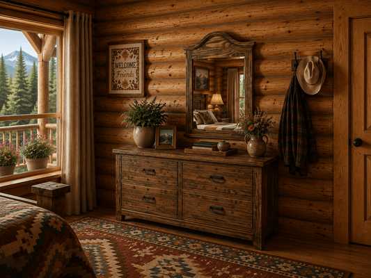 Rustic wood mirror above a matching dresser in a cozy log cabin bedroom with cross-stitch wall art, colorful Southwestern rug, mountain views, and potted flowers.