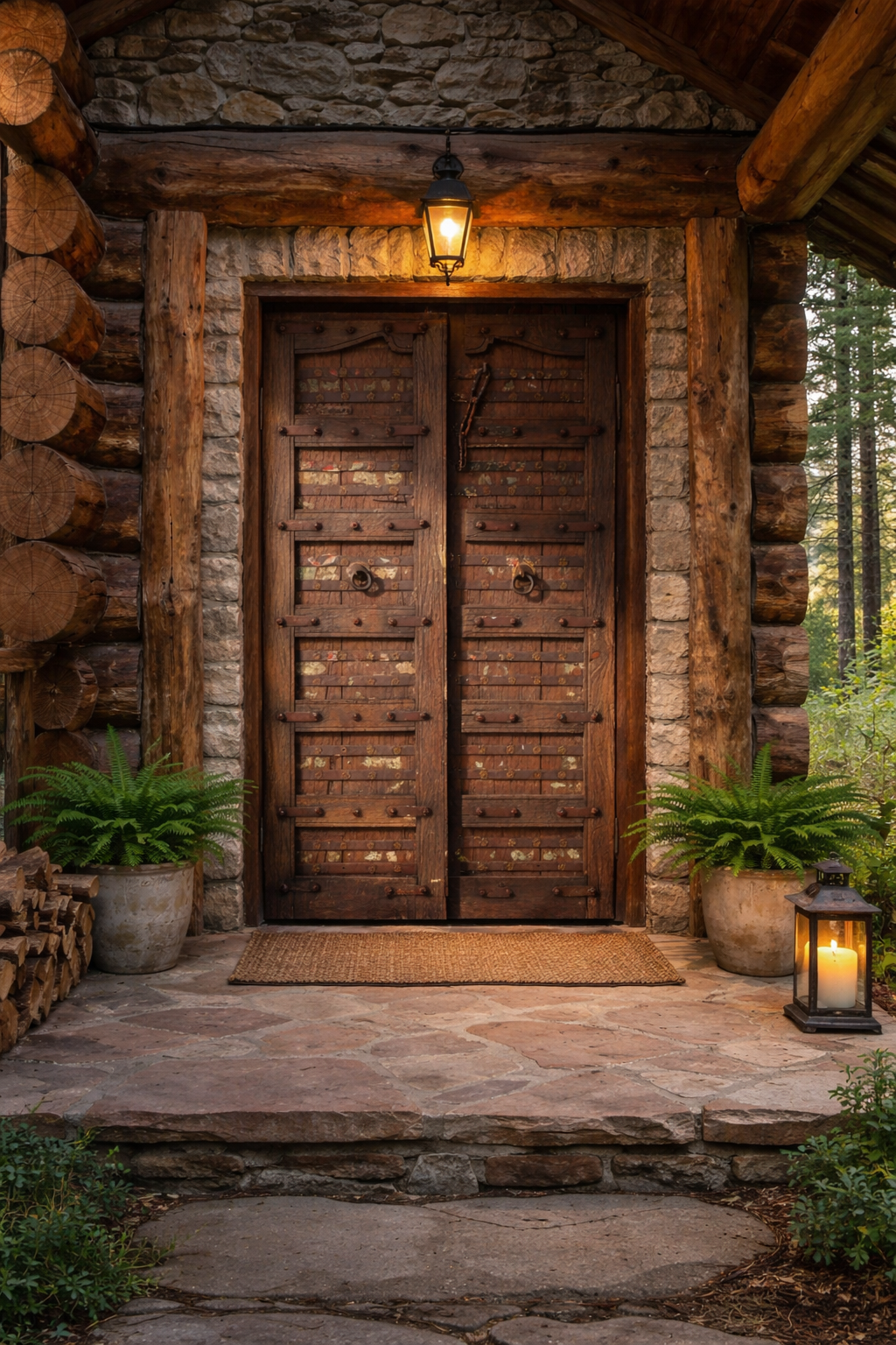 Vintage teak double doors with carved detail and rustic patina