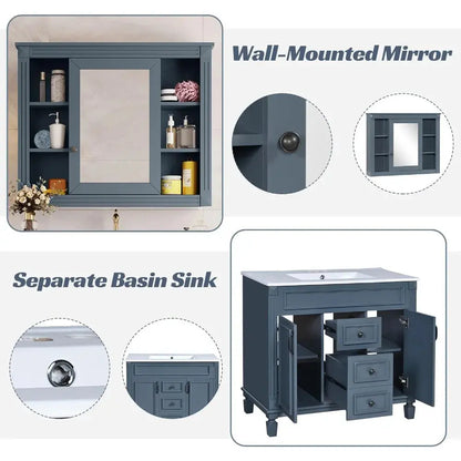 36" Modern Blue Bathroom Vanity with Sink & Mirror Cabinet Set CozyCompleteHome.com