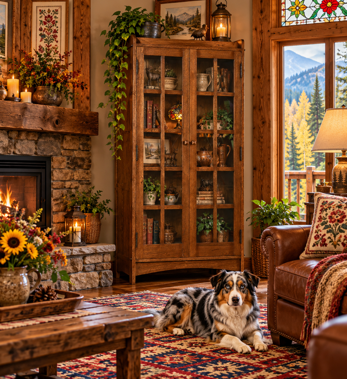A rustic wooden hutch with glass doors stands in a cozy cabin living room, filled with books and decorative items. An Australian Shepherd lies on a patterned rug in the foreground, with a stone fireplace, leather sofa, and mountain view outside the window.