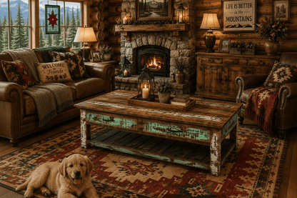 A rustic wooden coffee table with distressed green and brown paint is shown in a cozy log cabin living room. A golden retriever lies on the patterned rug in the foreground.