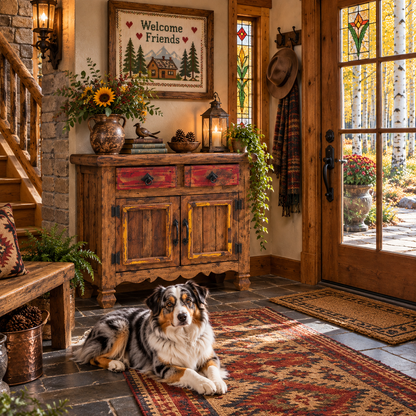 Distressed rustic wood cabinet in a cozy cabin entryway with cross-stitch wall art, stained-glass windows, colorful rug, and a Merle Australian Shepherd.