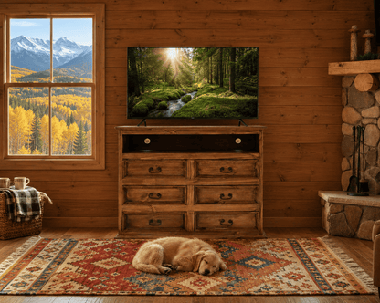 A cozy cabin living room scene with a golden retriever sleeping on a patterned area rug in front of a wooden TV stand. The TV displays a forest stream scene, and the room has wood-paneled walls, a stone fireplace, and a window showing mountains and autumn trees.