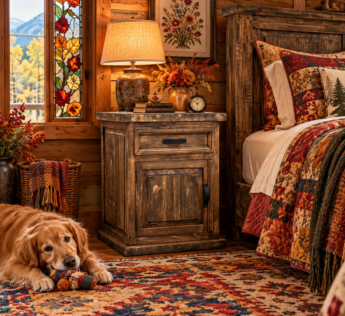 Rustic solid wood nightstand with drawer and cabinet door in a cozy cabin bedroom, featuring fall floral arrangements, colorful autumn bedding, stained-glass windows, framed cross-stitch artwork, and a golden retriever resting on a patterned rug.