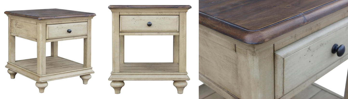 Three wooden side tables with different designs and finishes.