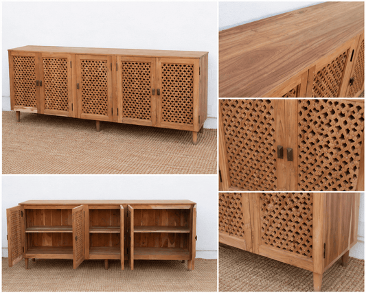 Wooden cabinet with intricate carvings on doors and shelves, displayed against a neutral background.
