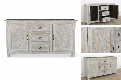 Collage of a rustic wooden sideboard with decorative patterns on a white background.