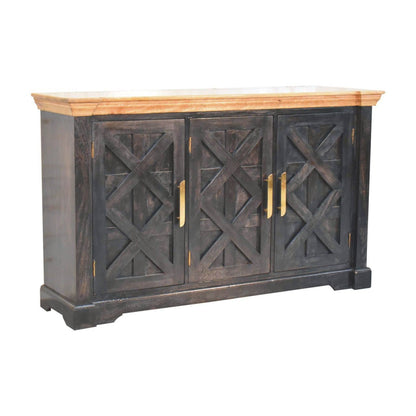 Wooden cabinet with black distressed finish and gold handles on a white background