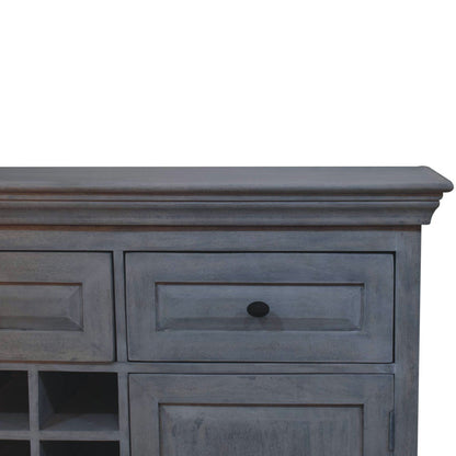 Gray wooden sideboard with a single drawer on a white background