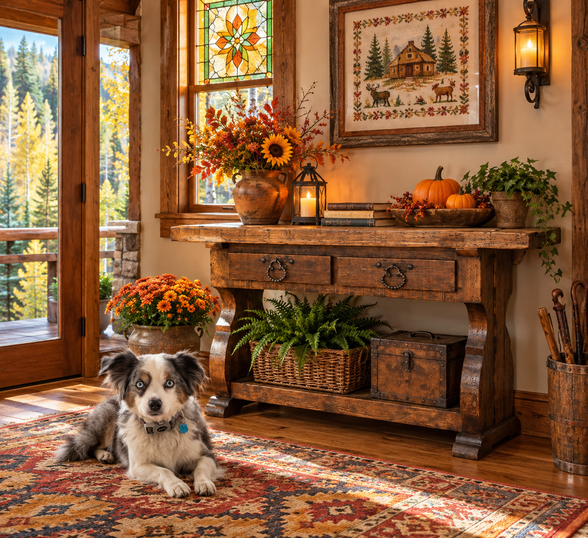 Rustic wood console table in a cozy cabin entryway with fall flowers, pumpkins, stained glass, cross-stitch wall art, colorful rug, and blue-eyed Australian Shepherd.
