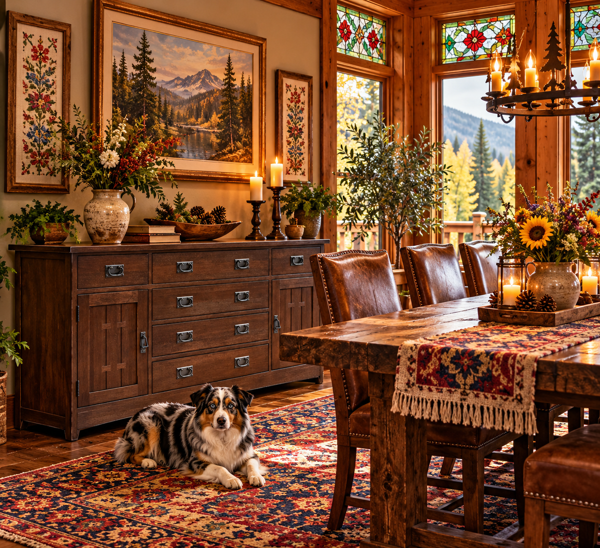 Rustic dark wood buffet in a cozy cabin dining room with stained glass windows, cross-stitch wall art, colorful rug, mountain forest views, and a blue merle Australian Shepherd.

