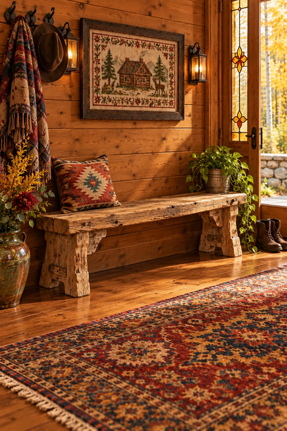 A rustic wooden bench in a cozy cabin-style room with wood-paneled walls, a colorful patterned pillow, framed wall art, a hanging blanket, plants, and a large patterned rug on the floor.