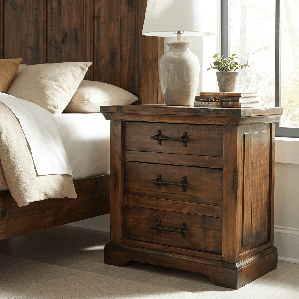 Lubbock Nightstand with three drawers, lamp, and decor, enhancing bedroom style and functionality.