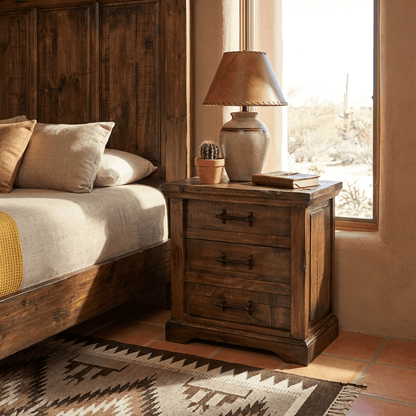 Wooden nightstand with lamp and books next to a bed in a bedroom.