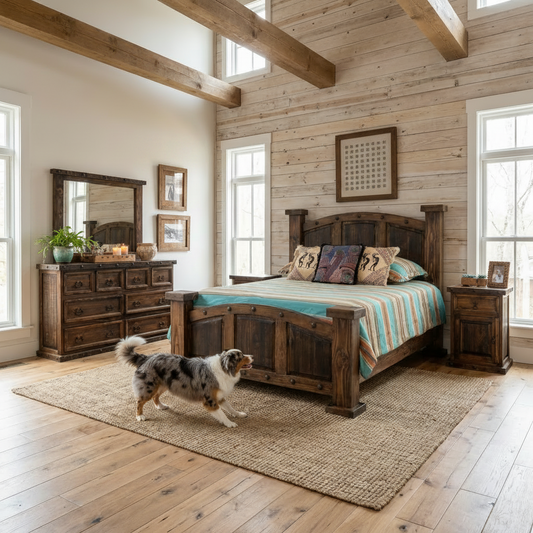 Mansion Rustic Bedroom Set featuring a beautifully crafted bed and wooden furniture with a dog walking in a cozy setting.