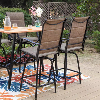 Black 5-Piece Metal Rectangle Outdoor Patio Bar Set with Wood-Look Bar Table and Padded Swivel Bistro Chairs