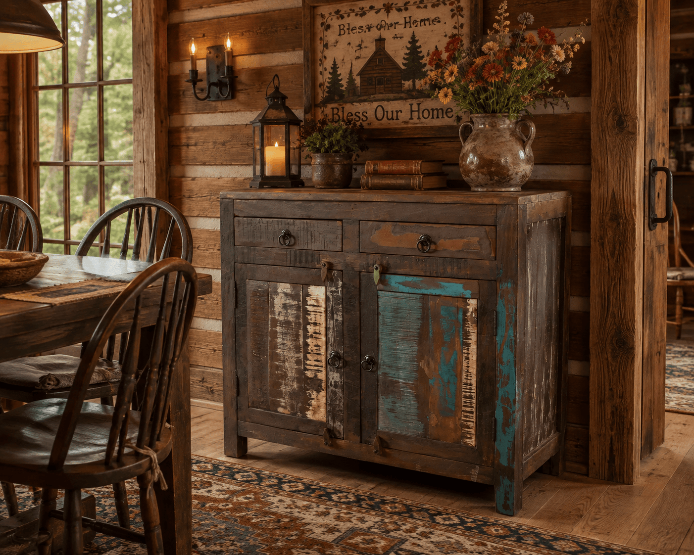 A rustic distressed wood sideboard cabinet with two doors, one in dark brown wood and the other in turquoise blue distressed wood, styled in a cabin dining room next to a wooden dining table and chairs.