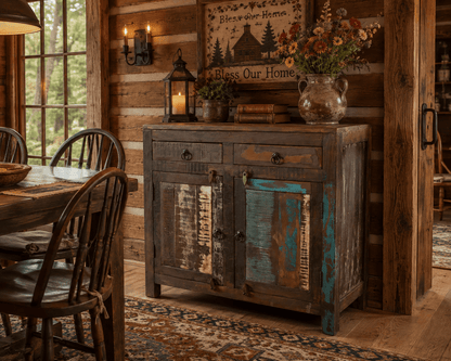A rustic distressed wood sideboard cabinet with two doors, one in dark brown wood and the other in turquoise blue distressed wood, styled in a cabin dining room next to a wooden dining table and chairs.