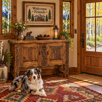 Carved rustic wood console in a cozy cabin entryway with stained-glass windows, cross-stitch wall art, colorful rug, and a Merle Australian Shepherd.