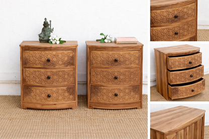 Two wooden nightstands with decorative items on a textured floor.
