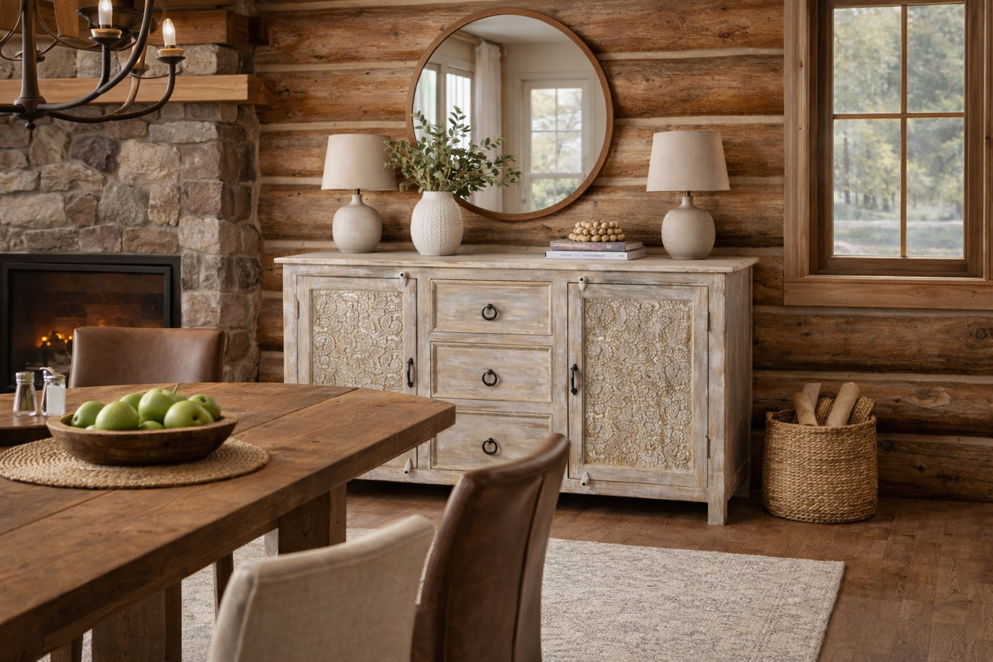 Wooden dining room with rustic furniture and decor