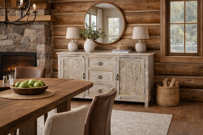 Wooden dining room with rustic furniture and decor