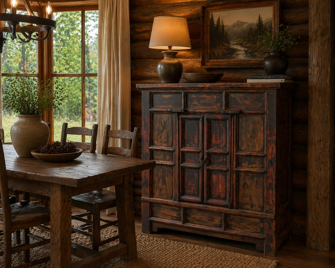 Wooden dining area with a rustic cabinet and table.
