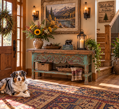 Distressed turquoise carved wood console in a rustic cabin entryway with mountain wall art, colorful rug, lantern, flowers, and a Merle Australian Shepherd.
