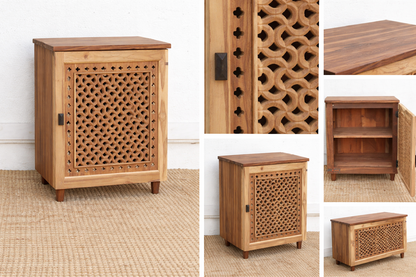 Collage of wooden furniture with intricate carvings in a room setting.