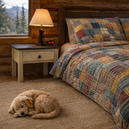 Dog sleeping on the floor in a cozy bedroom with a checkered quilt and wooden furniture.