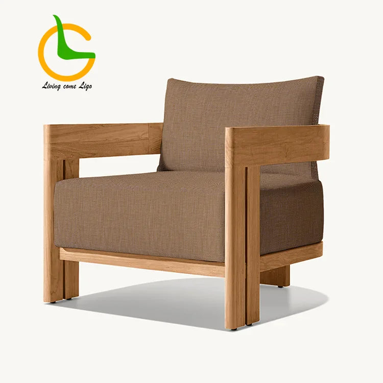 Brown armchair with wooden frame on a white background, featuring a logo in the corner.