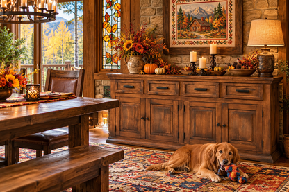 Rustic solid wood buffet with four drawers and four cabinet doors in a cozy cabin dining room, featuring fall decorations, stained-glass windows, woodland cross-stitch art, a colorful rug, and a golden retriever playing with a toy.