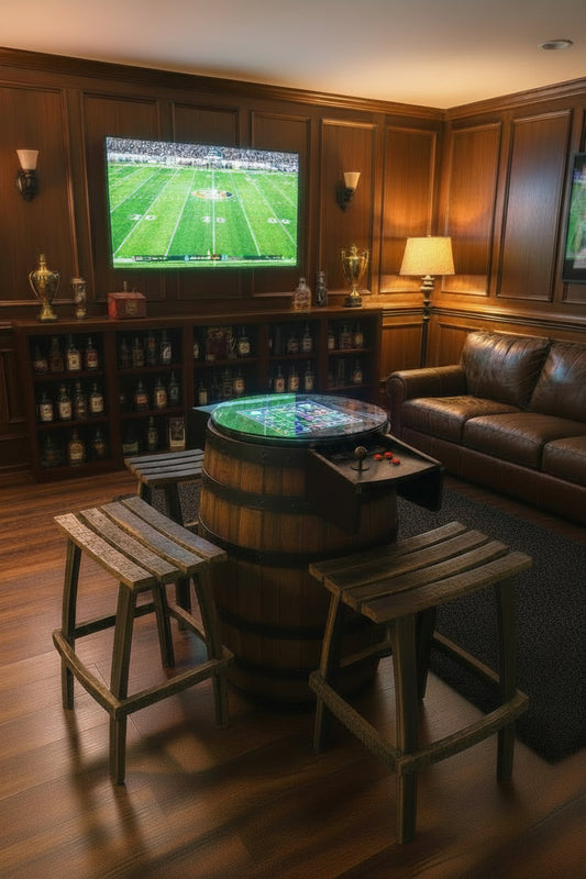 Bourbon Barrel Arcade Table - 60 Retro 8-Bit Games Included