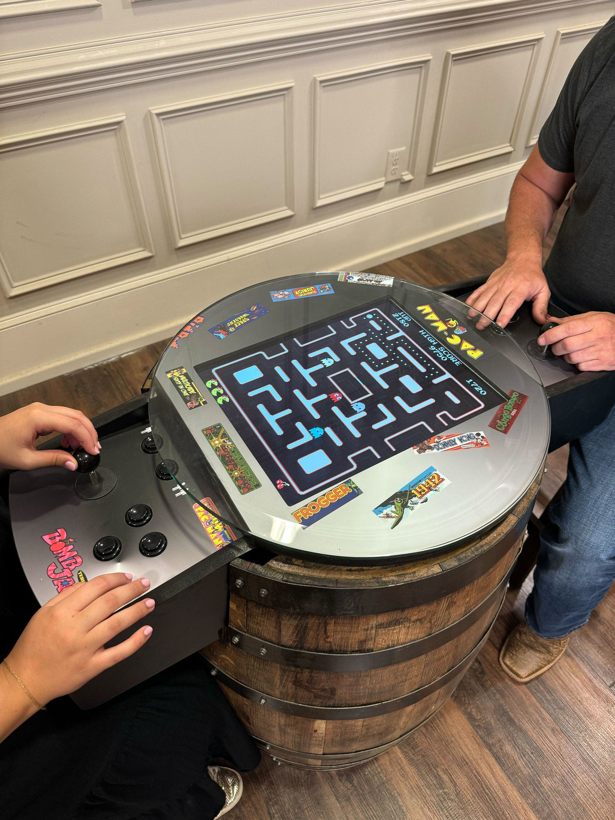 Bourbon Barrel Arcade Table - 60 Retro 8-Bit Games Included