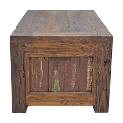 Wooden side table with a rustic finish on a white background