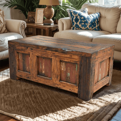 Wooden coffee table in a living room setting with beige sofas and decorative pillows.