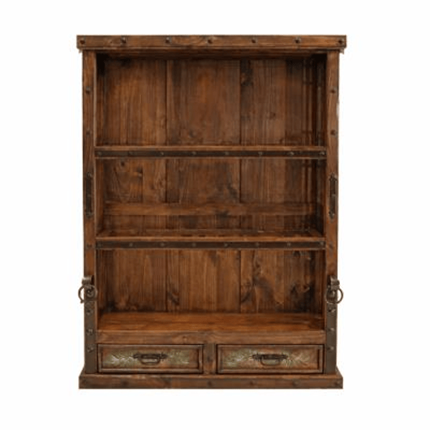 Wooden bookshelf with metal accents on a white background