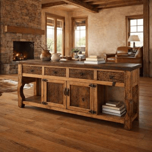Wooden console table in a rustic living room with stone fireplace and leather sofa.