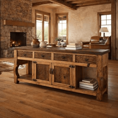 Wooden console table in a rustic living room with stone fireplace and leather sofa.