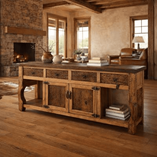 Wooden console table in a rustic living room with stone fireplace and leather sofa.
