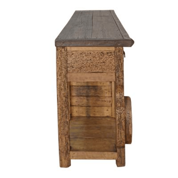 Wooden side table with a rustic design on a white background